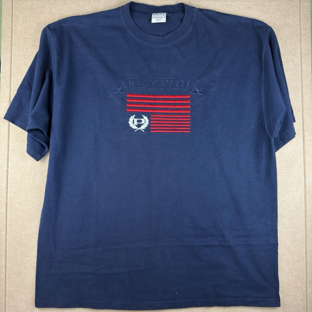 Y2K Phat Farm T-Shirt Men's XXL‎ Navy Blue Flag Logo Embroidered Streetwear USA